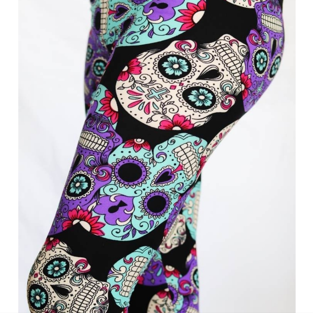 LEGGINGS DEPOT Purple & Pink Sugar Skull Full Length Leggings Size 12-20 NWT